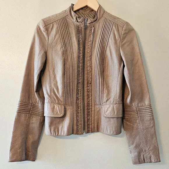 Danier Women's Ruffled Boho Leather Moto Casual Jacket Biker Sand Tan Size XS. - Picture 2 of 15